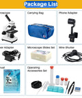 Package contents of Kid Friendly Microscope Kit For Kids And Adults with microscope, adapters, slides, and accessories.