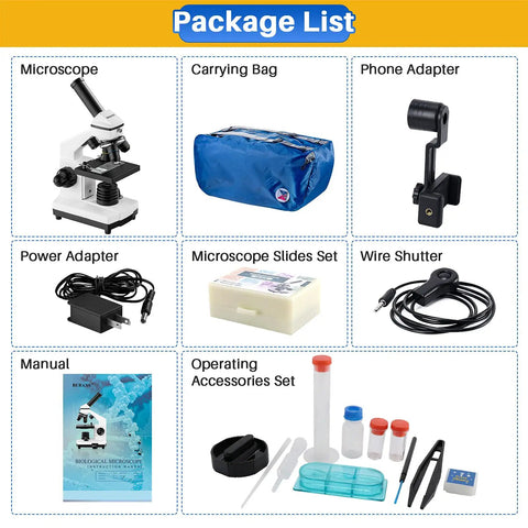 Package contents of Kid Friendly Microscope Kit For Kids And Adults with microscope, adapters, slides, and accessories.
