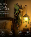 Fairy Lamp Vintage Wall Sconce, Hand-Painted Wing Design Dimmable, green with soft glow and antique bronze finish.
