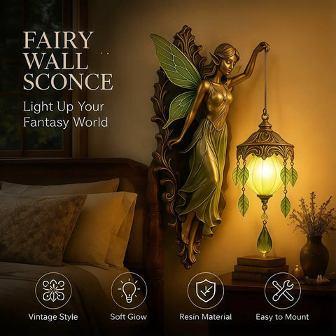 Fairy Lamp Vintage Wall Sconce, Hand-Painted Wing Design Dimmable, green with soft glow and antique bronze finish.