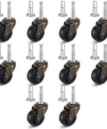 Ten Pack Vintage Brass Stem Caster Wheels With 1-5/8 Inch Rubber Wheels, 1.4 Inch Stem And 0.75 Inch Socket Diameter, shown with mounting sockets