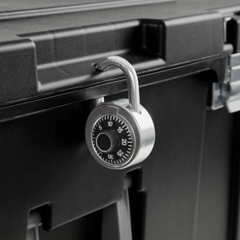 Flex Your Storage Game With Heavy Duty Plastic Footlocker Rolling Bin with Wheels and Handle, secure latch and combination lock detail.