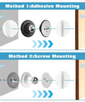 Two Pack Magnetic Door Catch And Holder Kit For RV And Home showing adhesive and screw mounting methods, black and white pairs.
