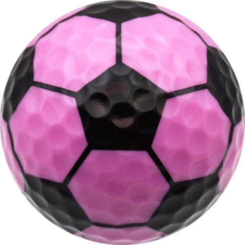 Pink and black soccer-themed novelty golf ball with 360-degree soccer design, part of Soccer Themed Novelty Golf Balls 12 Pack.