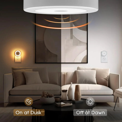 Living room with 4 Pack Plug In LED Night Lights With Light Sensor Auto On At Dusk For Kids Room And Nursery Kid Friendly Night Lights glowing at dusk.