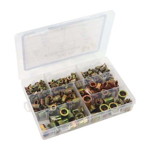 Rock Solid 260 Piece Rivet Nut Assortment Kit Featuring Metric M3 to M12 Inserts For Metal And Carbon Steel Projects With Yellow Zinc Plating Finish in case