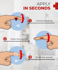 Infographic showing how to use Finger Cut Tourniquet Wound Care Kit For Quick At Home Or Grab And Go First Aid With Sterile Wipes Gauze Pads Bandages Wound Strips And Shower Shields For Easy Everyday Use.