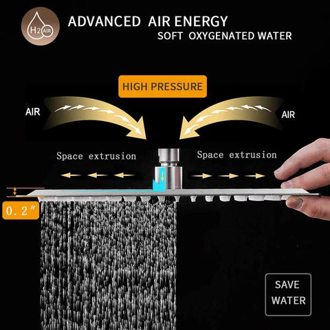 Side view of Sixteen Inch Square Rain Shower Head With High Pressure Waterfall Flow, highlighting air energy technology and silicone nozzles.