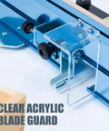 Close-up of the Adjustable Box Joints Jig For Table Saws And Router Tables with safety blade guard and guide bar.