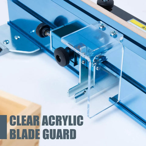 Close-up of the Adjustable Box Joints Jig For Table Saws And Router Tables with safety blade guard and guide bar.