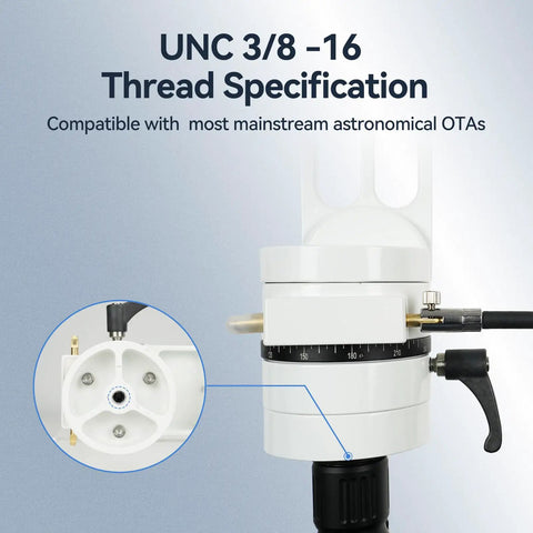 Close-up of Alt-Azimuth Telescope Mount With Adjustable Angle showing UNC 3/8-16 thread specification and fine adjustment shifter.