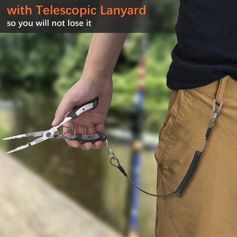 Person holding Needle Nose Fishing Pliers With Hook Remover And Lanyard, Stainless Steel Saltwater Multitool, secured by a lanyard
