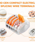 50 Pack Lever Wire Connectors For 28 To 12 AWG With Test Hole 3rd Gen Compact Push In Terminals Reusable Quick Connect Splice Connectors For Home Wiring And No Fuss DIY Projects Pro Grade Safety Vibration Resistant, transparent connector with orange levers