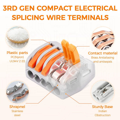 50 Pack Lever Wire Connectors For 28 To 12 AWG With Test Hole 3rd Gen Compact Push In Terminals Reusable Quick Connect Splice Connectors For Home Wiring And No Fuss DIY Projects Pro Grade Safety Vibration Resistant, transparent connector with orange levers
