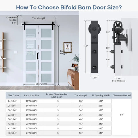 How To Choose Bifold Barn Door Size diagram showing dimensions for 42X84 Double Bifold Sliding Barn Door With Heavy Duty Hardware Kit.