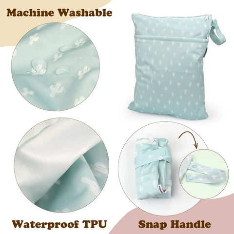 Close-up of machine washable, waterproof polyester wet dry bag with dual pockets for travel, pool, beach, gym and baby gear.
