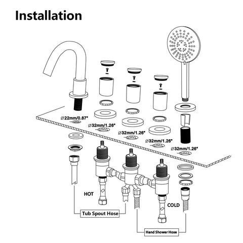 Installation diagram for 5 Hole Deck Mount Tub Faucet Chrome With Hand Shower Brass Roman Tub Filler Set 3 Handle High Flow