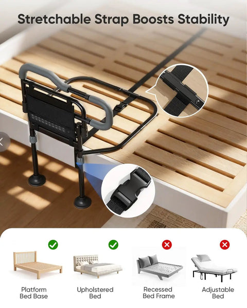 Foldable Bedside Rail For Seniors, Non Slip Handle, Adjustable Height And Width, supports 350 lbs, strap detail, large suction feet