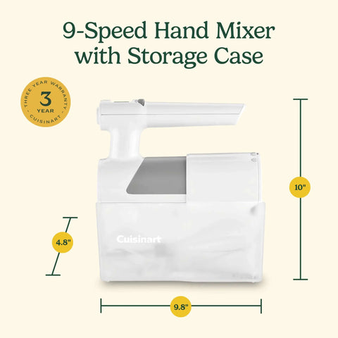Lightweight Nine Speed Electric Hand Mixer With Grippy Ergonomic Handle And One Touch Digital Controls, 10" tall, with storage case.