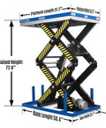 Heavy Duty Wireless Remote Control Double Scissor Hydraulic Lift Table With 4400 Lb Load Capacity And 72.6 Inch Height For Warehouse Jobs dimensions with raised height and platform sizes shown.