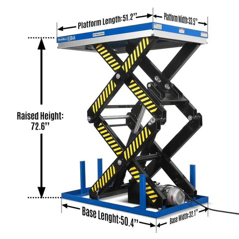 Heavy Duty Wireless Remote Control Double Scissor Hydraulic Lift Table With 4400 Lb Load Capacity And 72.6 Inch Height For Warehouse Jobs dimensions with raised height and platform sizes shown.