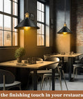 Six Piece Black Metal Umbrella Pendant Lights With A Slick Retro Industrial Look And Solid Farmhouse Vibe Making A Popular Choice For Any Kitchen Table Or Dining Nook Using Dead Easy E26 Mounts, featured over dining tables.