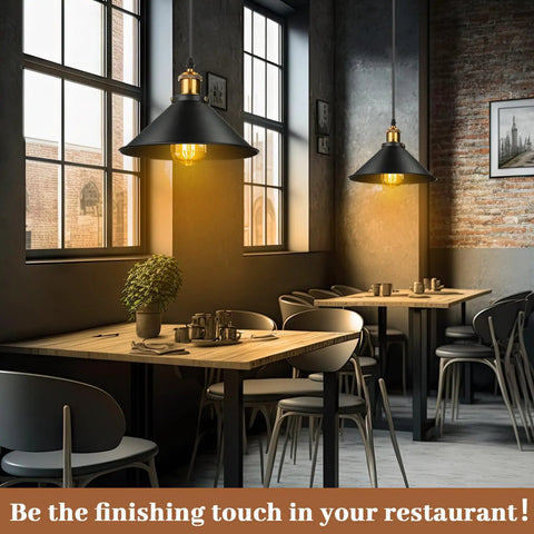 Six Piece Black Metal Umbrella Pendant Lights With A Slick Retro Industrial Look And Solid Farmhouse Vibe Making A Popular Choice For Any Kitchen Table Or Dining Nook Using Dead Easy E26 Mounts, featured over dining tables.