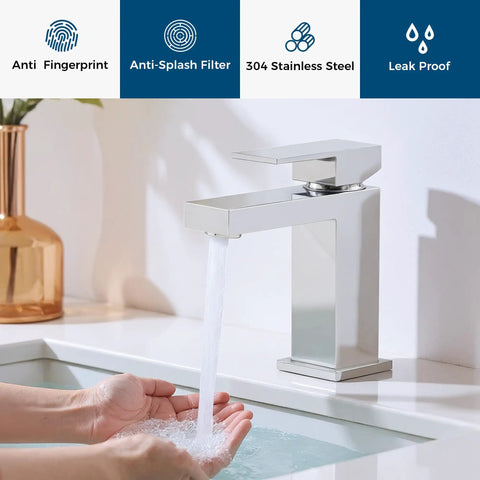 Person using Chrome Single Hole Bathroom Faucet With Pop Up Drain All Metal Modern Touch Faucet Fingerprint Resistant Lead Free CEC And cUPC Certified Water Sense 1.5 GPM No Fuss Easy Install For Your Bathroom Sink