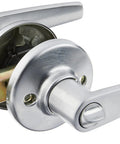 Delta Entry Door Handle With Lock And Key, showing satin chrome reversible lever for front entrance and bedroom use