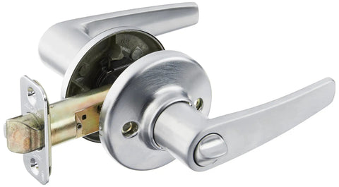 Delta Entry Door Handle With Lock And Key, showing satin chrome reversible lever for front entrance and bedroom use