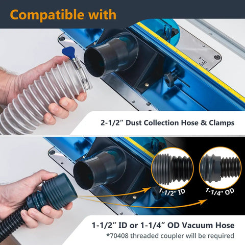 Router Table Dust Port Adapter For Two And A Half Inch Dust Collection Hose With Easy Plug And Play Fence Mount Connection Designed For Shop Vac Or Dust Extractor Setup shown with compatible hose connectors.