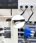 Split Wire Loom Kit 1/4 To 3/4 Inch, 30 Ft Black Flexible Conduit Tubing for wires, shown organizing cables in various electronic setups