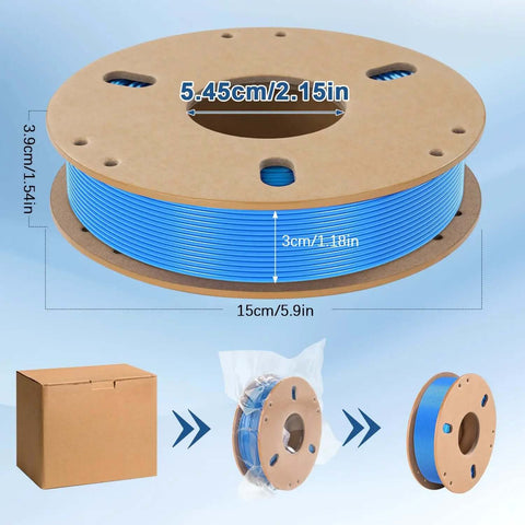 Blue spool of Silk PLA 3D Printer Filament, dimensions shown, part of 6 Color Set In Gold Silver Red Green Blue Purple, 250g each