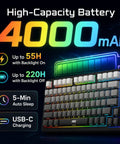 Slick 75 Percent Wireless Mechanical Gaming Keyboard With Hot Swappable Keys And Dope Dynamic RGB Lighting showing 4000mAh battery details.