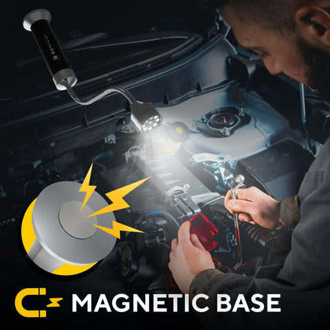 Flexible LED BBQ grill light with magnetic base illuminating car engine work.