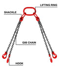 Four-leg G80 chain sling with red lifting ring and red hooks for engine lift applications