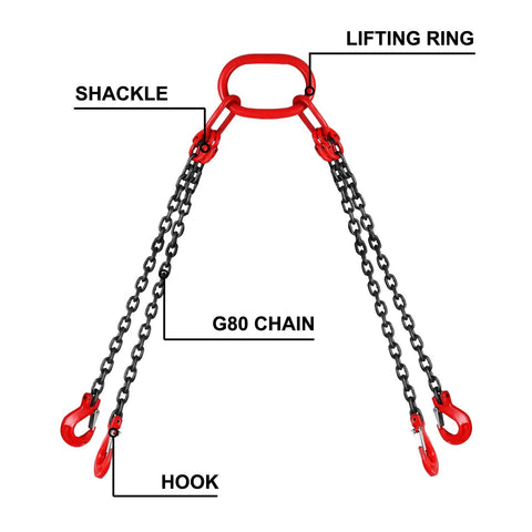 Four-leg G80 chain sling with red lifting ring and red hooks for engine lift applications