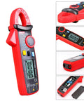 Compact Digital Clamp Meter 200A True RMS AC DC Current Tester with NCV and alligator clip, showing display, buttons, and battery compartment.