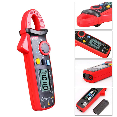 Compact Digital Clamp Meter 200A True RMS AC DC Current Tester with NCV and alligator clip, showing display, buttons, and battery compartment.