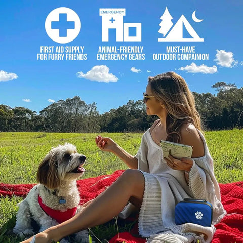 Woman and dog on a picnic blanket with visible emergency icons, showcasing use of 95-Piece Vet-Approved Pet First Aid Kit For Dogs And Cats With Outdoor And Travel Essentials In A Go-To Compact Travel Bag For Home Car Or On The Go In Guardian Orange.