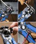 Close-up of Self-Adjusting Wire Stripper And Cutter, Heavy Duty, Cuts And Strips 10-20 AWG Solid And 12-22 AWG Stranded cable usage