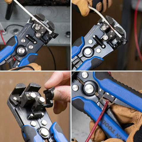 Close-up of Self-Adjusting Wire Stripper And Cutter, Heavy Duty, Cuts And Strips 10-20 AWG Solid And 12-22 AWG Stranded cable usage