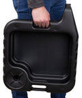 Person holding Big Fifteen Point Five Quart Oil Drain Pan With Easy Pour Spout And 18 Inch Mechanics Funnel Kit For Auto Fluids Like Engine Oil