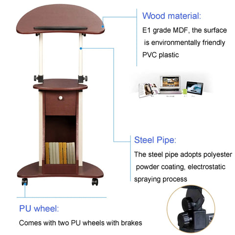 Straight Up Solid Rolling Laptop Cart, Height Adjustable Sit Stand Desk, E1 MDF with steel frame and wheels for easy movement.