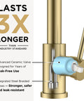 Close-up of brushed gold kitchen faucet valve showing advanced ceramic technology and integrated steel braided hoses