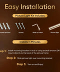 Installation guide for Battery Operated Picture Light With Remote, showing drywall anchors, screws, plate, and 18-inch lamp.