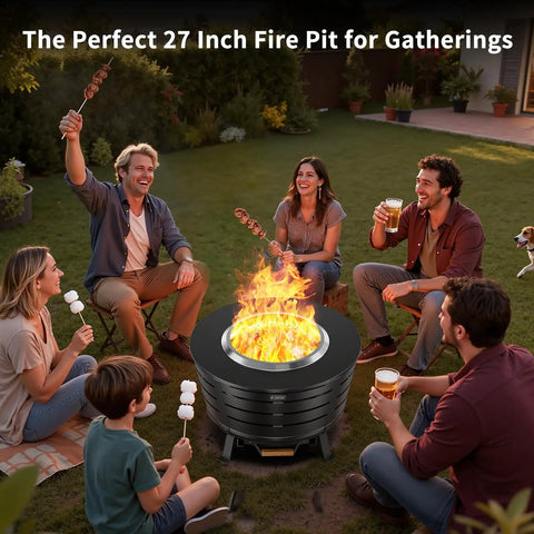 Group enjoying 27-inch fire pit, people roasting marshmallows and hotdogs, outdoor gathering with flames in center.
