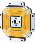 Front view of Amazon welding magnet set, 6-piece, 25 lb hold, yellow and silver metal plates