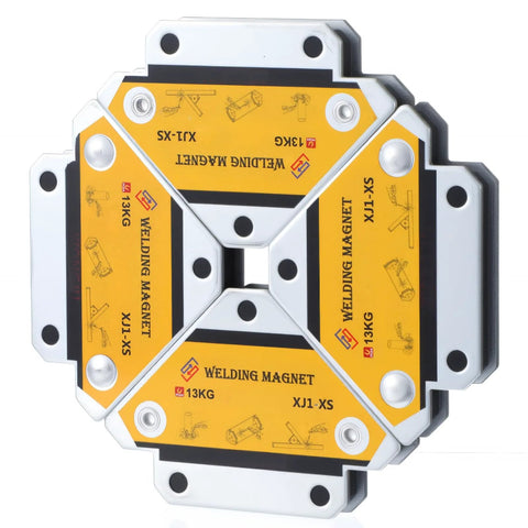 Front view of Amazon welding magnet set, 6-piece, 25 lb hold, yellow and silver metal plates