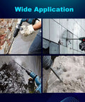 Phyxlyn 18-Inch SDS Max steel clay spade, 40Cr alloy steel, shown drilling concrete and masonry in collage.